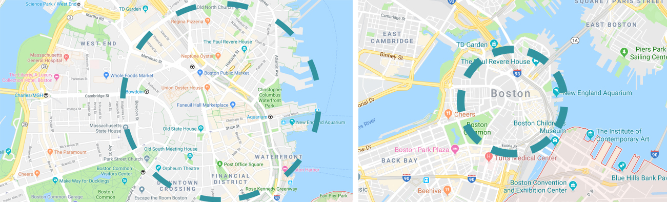 En un mapa interactivo en línea, el usuario puede ver puntos de referencia y puntos de interés adicionales acercando y alejando el mapa. Estos puntos de interés revelarán detalles adicionales cuando se haga clic en ellos.