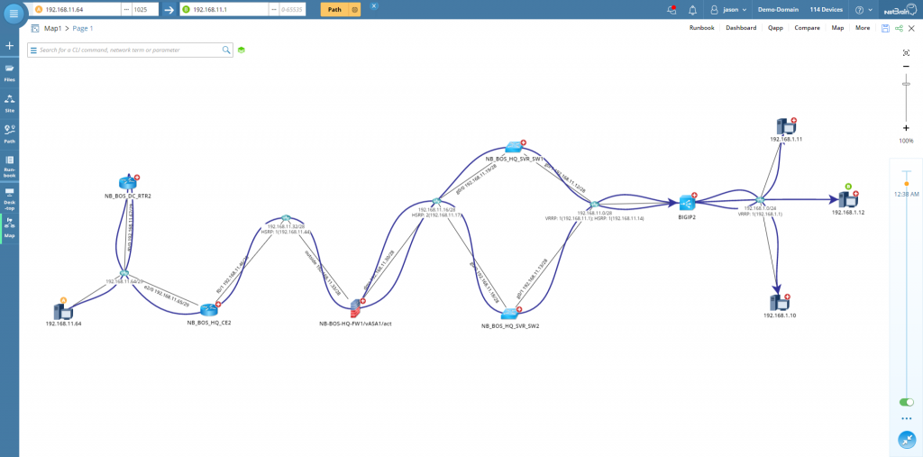 NetBrain's A/B Path Calculator stuurt een pakket over uw netwerk en toont u de resultaten.